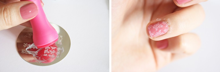 Timbro rosa per manicure, decorazioni motivi floreali di colore bianco, unghie eleganti per matrimonio 