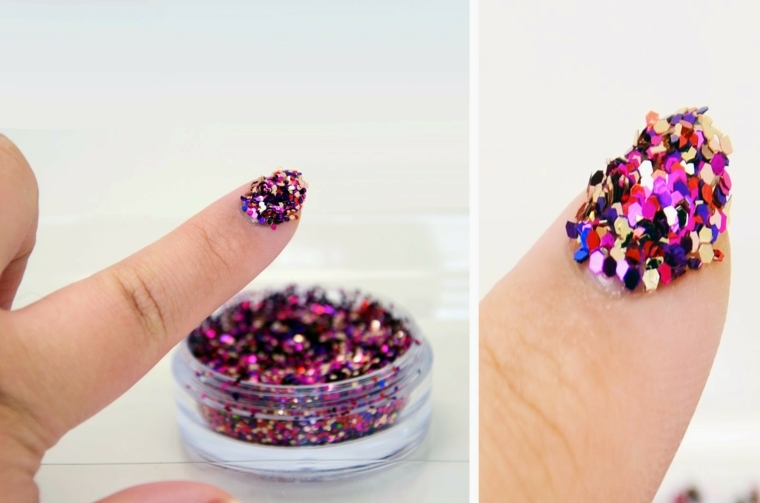 Contenitore con paillettes per unghie, decorare le unghie con tanti colori 