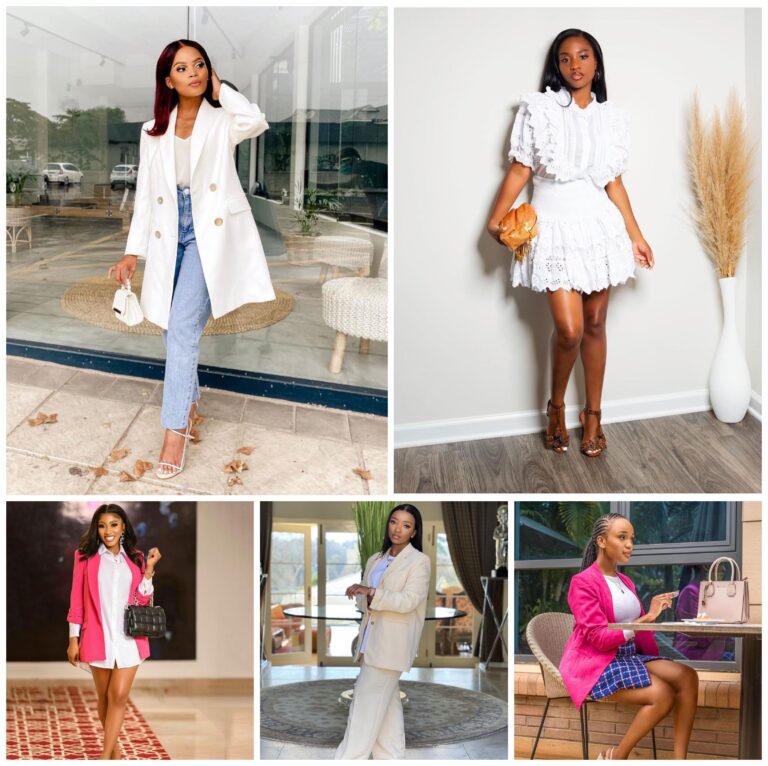 Chic and classy weekend going-out outfits, featuring blazers, tailored skirts, and white statement pieces—perfect for a stylish weekend look.